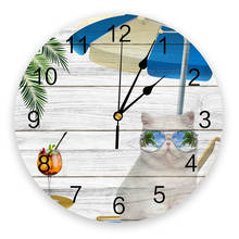 Madeira praia gato palmeira óculos de sol relógio de parede cozinha casa sala estar quarto decorativo decoração da parede dos miúdos pendurado relógios 2024 - compre barato