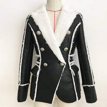 High street 2022 elegante designer jaqueta feminina duplo breasted leão botões de pele do falso casaco blazer de couro 2024 - compre barato