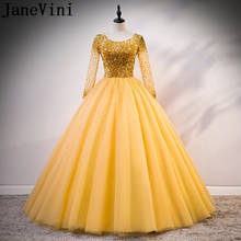 JaneVini-vestidos de Quinceañera de manga larga con cuentas doradas, de lujo, lentejuelas brillantes, tul, 16 vestidos 2024 - compra barato