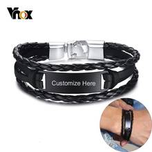 Vnox-pulsera de piel trenzada para hombre, brazalete con grabado de nombre gratis, con barra de identificación brillante, en capas 2024 - compra barato