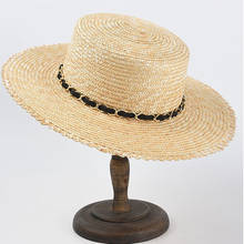 Sombrero plano de verano para mujer, sombrero de paja de ala ancha con decoración de cadena, protección solar, ala ancha 2024 - compra barato