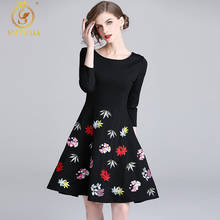 SMTHMA High Quality 2022 New Autumn Embroidery Chic Dress Half  Sleeve Vintage Elegant Black Party Dresses Vestidos 2024 - buy cheap