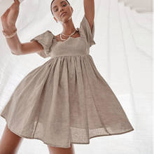Платье MOARCHO женское с квадратным вырезом, однотонное модное мини-платье из хлопка и льна с пышными рукавами, для отдыха, 2021 2024 - купить недорого