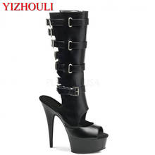 Clássico botas de salto alto 15cm, sexy, dedo aberto, sapato plataforma de couro para mulheres, 6 polegadas 2024 - compre barato