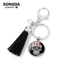 SONGDA Mexico Folk Art Sugar Skull Tassel Keychain Picture Glass Dome Pendant Metal Key Chain Day of the Dead Key Ring Ornament 2024 - buy cheap