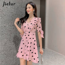 Jielur Women Summer Chiffon Dresses Pink Print V-neck Lace-up Short Sleeved Dress Ladies Young Grace Sweet Vestidos Verano 2020 2024 - buy cheap