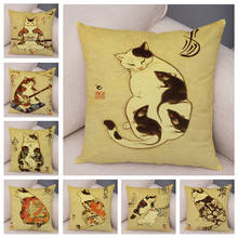 Vintage Japanese Samurai Cat Tattoo Cushion Cover Decor Retro Animal Pillowcase for Sofa Home Car Soft Plush Pillow case 45x45cm 2024 - buy cheap