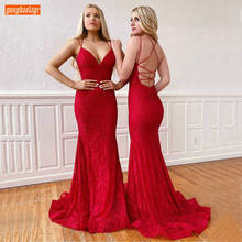 Sexy Boho Red Backless Evening Dresses V Neck Spaghetti Strap Lace Mermaid Evening Gown Long Sweep Train Customized Formal Dress 2024 - buy cheap