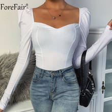 Forefair V Neck Long Puff Sleeve Casual T Shirts 2021 Autumn Spring Black Basic Women Sexy Tees White Solid Fitness Party Tops 2024 - buy cheap