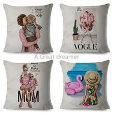 Fashion Cartoon Cushion Cover Linen Decor Mom And Baby Pillow Case For Sofa Home Girls Pillowcase 45*45cm Family Gift Wholesale 2024 - buy cheap