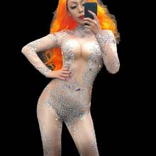 Macacão feminino com estampa de cristal brilhante, roupa para festa, cantor, palco, vestido com strass 2024 - compre barato