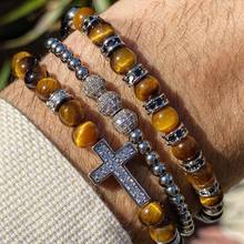 New Luxury CZ Pave Cross Charm Natural Stone Tiger Eye Beaded Macrame Friendship Adjustable Bracelet Set Men 2024 - buy cheap