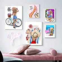 Модная Картина на холсте с изображением девушки с велосипедом, скандинавские постеры и принты, картины в летнем стиле для гостиной 2024 - купить недорого
