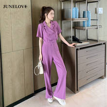 JuneLove New Summer Two Piece Set Vintage Women Double Breasted Short-sleeve T Shirts + Loose Preppy Casual Wide Leg Pants Suit 2024 - buy cheap