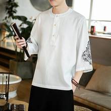 Summer Men Linen Shirt Chinese Style Retro Casual V-Neck Top Plus Size Embroidery Traditional Asian Tang Suit Tops For Man 10876 2024 - buy cheap