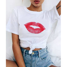 Camisa estampada com lábios vermelhos, camiseta básica de manga curta e gola redonda, camisa branca para mulheres, camiseta gráfica kawaii 2024 - compre barato