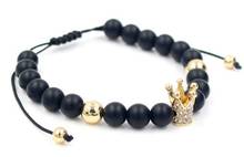 8mm hfg3 micro pave cz zircon cubic zirconia elastic adjusted Charm nature Black stone volcanic lava bead Crown Charm Bracelet 2024 - buy cheap