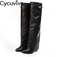 Knee High Boots Women Chic Silver Metal Shark lock Knight Boots Sexy Pointy Toe Leather Wedge Increase Height Heel Long Boots 2024 - buy cheap