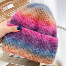 New Winter Hats For Women Thick Rainbow Knitted Hats Female Warm Skullies Beanies Hat Gradient Tie Dye Bonnet Cap кепка женская 2024 - buy cheap