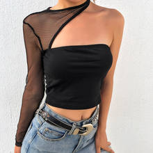 AVV 2019 Autumn New Fashion Women Personality Transparent Mesh Irregular Top Round Neck Long Sleeve One Shoulder T-Shirt Short 2024 - buy cheap