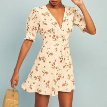 Vestido corto de verano con manga corta y estampado Vintage, minivestido con estampado Floral para mujer, cuello de pico, 2020 2024 - compra barato