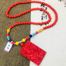 Zheru natural cinnabar carved red Tara Guanyin pendant with cinnabar bead necklace men and women sweater chain 2024 - buy cheap