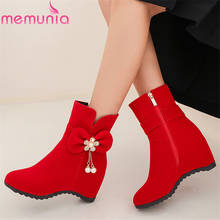 MEMUNIA 2021 hot sale flock women ankle boots round toe flower zip bowknot autumn winter boots wedges party wedding shoes woman 2024 - buy cheap