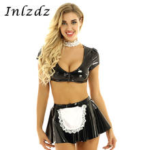 Women's Maid Carnival Fancy Cosplay Costumes Wet Look Outfit Crop Top with Flared Mini Skirt and Choker Halloween Party Clothes 2024 - buy cheap