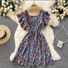 Women's Dress Summer 2022 Vintage Floral Print Flying Sleeve Square Collar Mini Dress Ladies Slim New Brand Sweet Beach Dresses 2024 - buy cheap