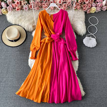 Vintage V-Neck Red/Yellow Patchwork Long Dress Women Lantern Long Sleeve Vacation Beach Robe Female Fashion Vestidos Spring 2021 2024 - buy cheap
