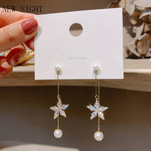 New Sight Fashion Brand Delicate Jewelry Flower Stud Earrings for Women Elegant Cubic Zircon Long Pearl Earrings 2024 - buy cheap