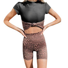 Summer Women 2-Pieces Outfits Sport Workout Set Mock Neck Crop Tops Front Knot Short Sleeve T-shirt Leopard High Waist Shorts 2024 - buy cheap