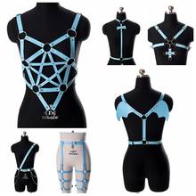 Leather Lingerie Harness Top Belt Sky Blue Bralette Punk Rivet Body Bondage Pentagram Suspender Garter Adjustable Festival Rave 2024 - buy cheap