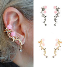Brincos elegantes de orelha com strass e flores, brincos de punho para mulheres, cor dourada, brinco de orelha, joias de moda 2024 - compre barato