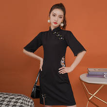 SWEETXUE Black Cheongsam Short-Sleeved Girl Improved Version Retro Chinese Style Embroidered Chic Mini Ladies Dress 2024 - buy cheap