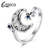 Cuteeco 2019 nova moda cor prata florescendo lua e estrela azul cz feminino pan anéis para mulheres jóias de noivado anel 2024 - compre barato