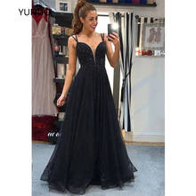 YUNUO Black Sleeveless Evening Dresses A-line V-neck Tulle Backless Formal Gown With Crystals robe de soiree Dress Party 2024 - buy cheap