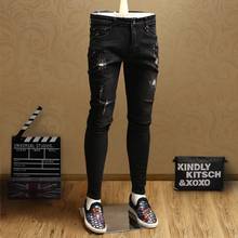 Новые Узкие рваные черные джинсы мужские повседневные Стрейчевые хлопковые узкие брюки 2024 - купить недорого