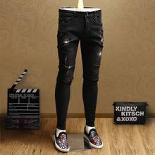 New Skinny Ripped Hole Black Jeans Men Casual Stretch Cotton Pencil Pants 2024 - buy cheap