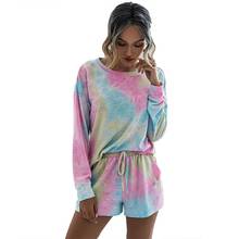 Fashion Women Suit Casual Tie Dye Homewear Set Long Sleeve Blouse Drawstring Shorts Loungewear Pajamas Outfit Set Женский костюм 2024 - buy cheap