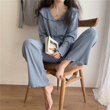 Pijamas femininos manga comprida, pijamas para casa cores sólidas 2024 - compre barato