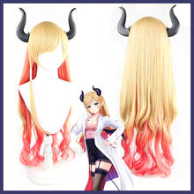 VTuber Yuzuki Choco Wig Horns Hololive 2nd Fes. Cosplay Gradient Yellow Pink Blonde Long Curly Girls Heat Resistant Hair 2024 - buy cheap