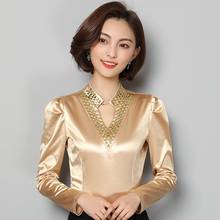 2019 Women silk satin blouse V-Neck Diamonds long sleeve shirts ladies office work elegant female Top high quality Blouses 3XL 2024 - buy cheap