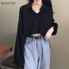 Blusas femininas black 2xl primavera diária ulzzang camisa adulto elegante unissex elegante que combina com 2021 bolsos sólidos simples e soltos 2024 - compre barato