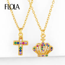 FLOLA Rainbow CZ Gold Cross Necklaces For Women Multicolor Crown Pendant Necklaces Cubic Zirconia Crystal Trendy Jewelry nkeq65 2024 - buy cheap