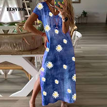 Elegant Butterfly Daisy Print Summer Dress Women 2020 Retro O Neck Short Sleeve Party Dress Lady A-Line Slit Long Dress Vestidos 2024 - buy cheap