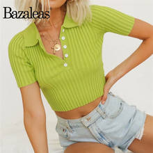 Bazaleas Fashion tshirt short sleeve Women T-shirt Streetwear Turn Down Buttons Shirts harajuku Green Knitted Crop Top 2024 - buy cheap