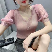 Woman Tops 2021 Summer Fashion Korean Style Shirts Female Sweet V Neck Puff Sleeve Solid Knitted Patchwork Pullover Blouses W243 2024 - buy cheap