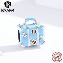 Travel Charms BISAER Hot Sale 925 Sterling Silver Travel Suitcase Box Beads Blue Charms Fit Women Bracelets Jewelry ECC1377 2024 - buy cheap