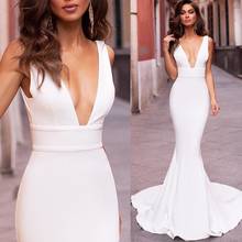 Árabe Dubai Simple boda Vestido 2020 satinado sirena Sexy V cuello largo barato de talla grande blanco Mujer Vestidos de Novia estilo Boho 2024 - compra barato